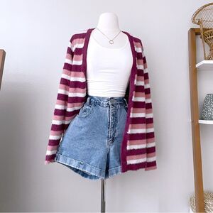 Fuzzy Open Front Striped Cardigan